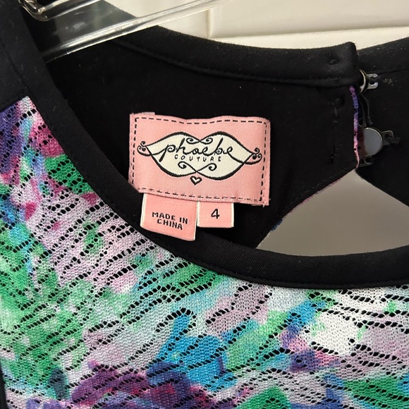 Phoebe Couture Sleeveless Shift Dress in Green, Pink & Purple with Black Trim - Picture 2 of 7